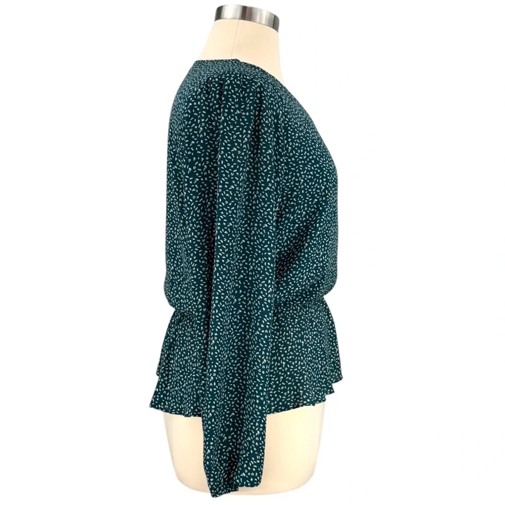 Nine Britton Cavanna Teal Green Faux Wrap Animal Print Dressy Peplum Blouse - Picture 8 of 16